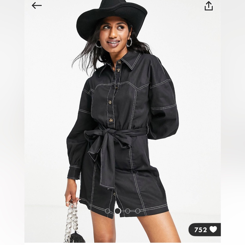 Black yoke detail twill mini shirt dress with tie belt